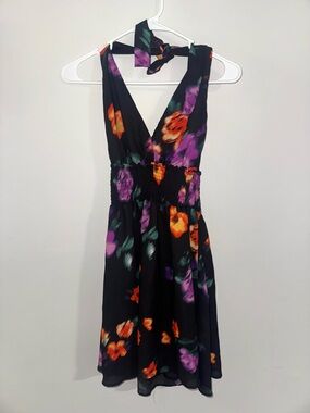 Madden NYC Floral Halter Mini Dress - Black/Purple/Orange - Size M